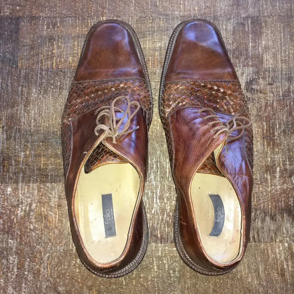 Folio New York Mens 10.5 Woven Italian Leather Oxford Brown Business CapToe Shoe